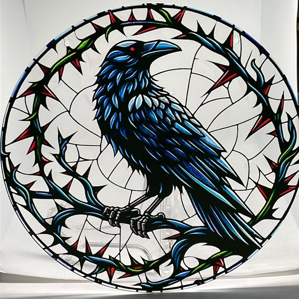 Suncatcher Acrylic Gothic Raven Bird 8” Round Decoration Faux Stained Glass New